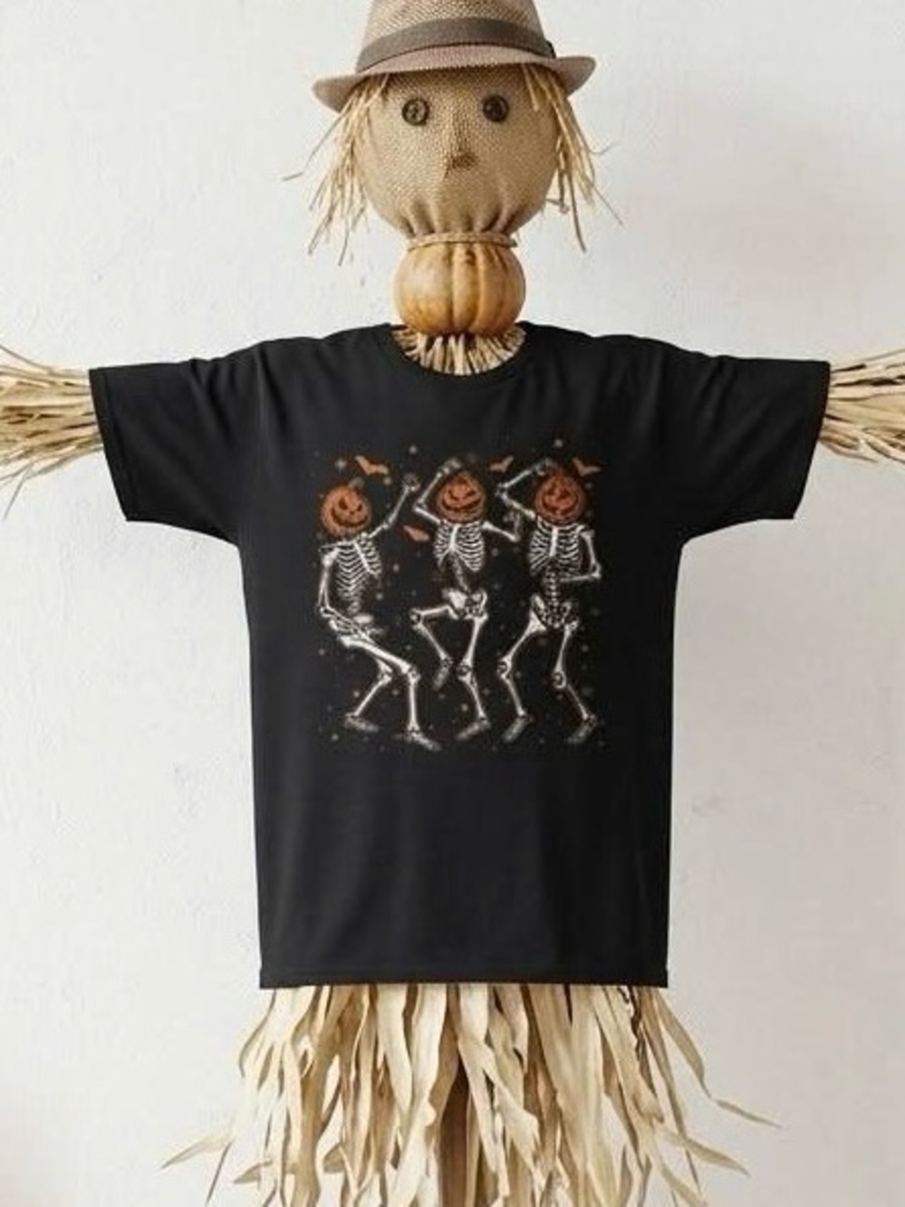 Dancing Skeletons Pumpkin Head Halloween Graphic Tee Retro Spooky Season Shirt